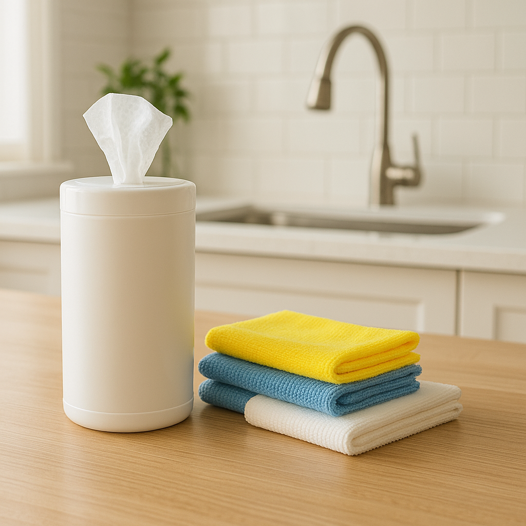 cleaning cloths and wipes on kitchen counter