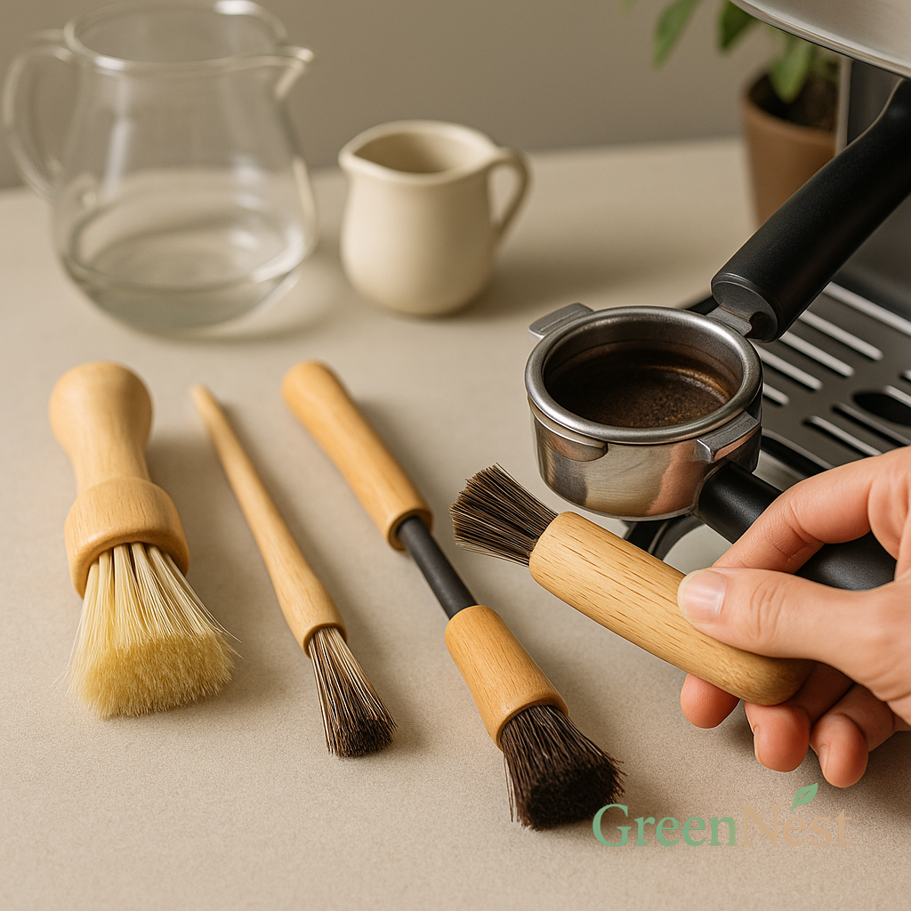 GreenNest eco-friendly coffee and espresso cleaning brushes with wooden handles arranged on a beige countertop, with a hand using one to clean a portafilter—ideal for maintaining espresso machines and grinders sustainably.