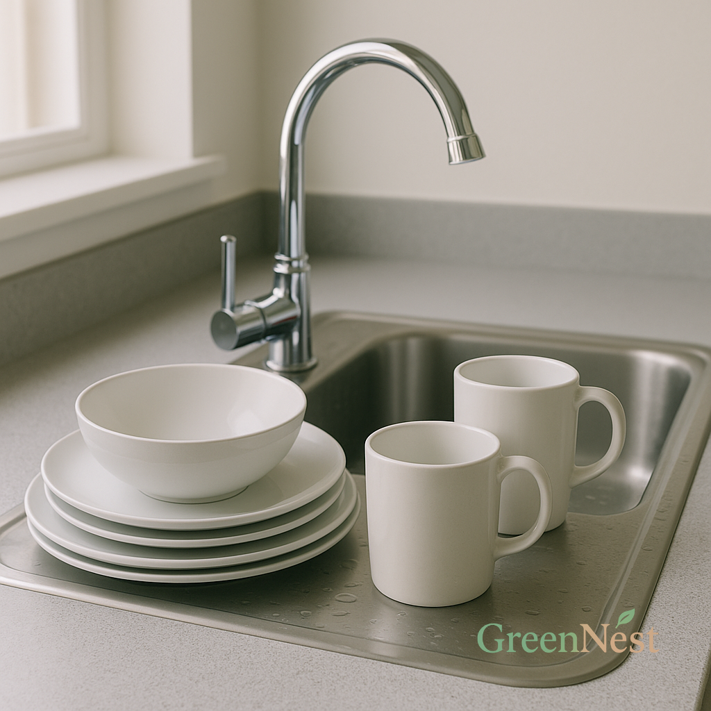 Minimalist white ceramic dishes and mugs stacked neatly beside a stainless steel kitchen sink, showcasing a clean and eco-friendly kitchen aesthetic.