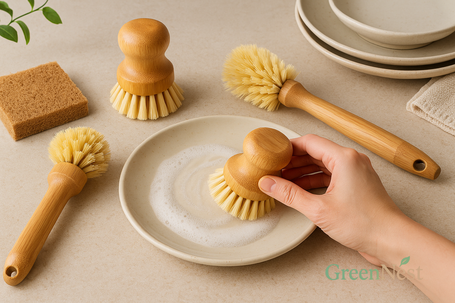 GreenNest eco-friendly dishwashing tools including bamboo-handled brushes and scouring pads arranged on a beige kitchen surface, with a hand cleaning a ceramic plate—perfect for sustainable daily dish care.