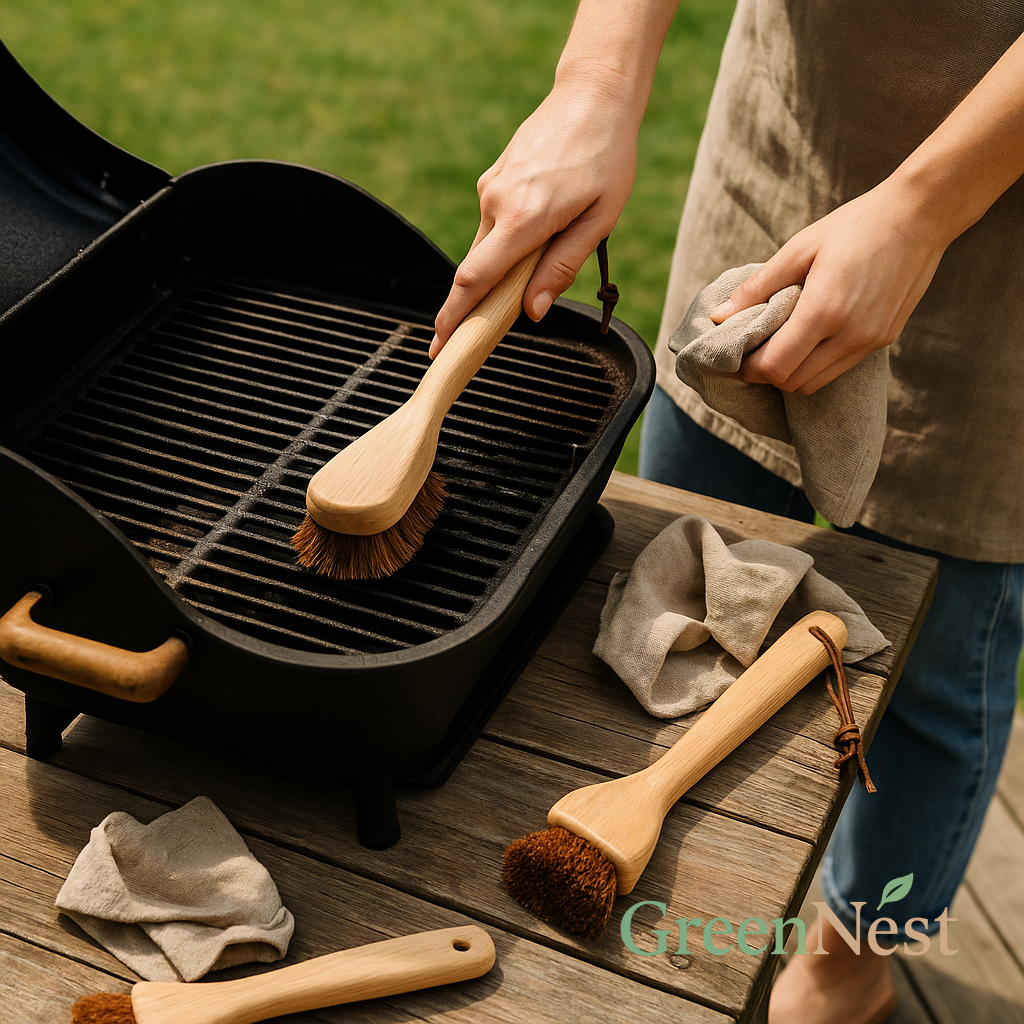 Eco-friendly grill cleaning with natural bristle brush on wooden deck beside charcoal barbecue, surrounded by reusable cloths and sustainable tools