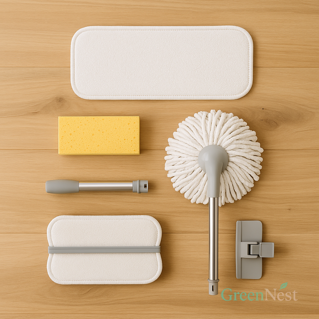 Replacement mop heads including microfiber pad, sponge, and string mop arranged neatly on a light wooden floor, highlighting reusable eco-friendly mop parts for sustainable cleaning.
