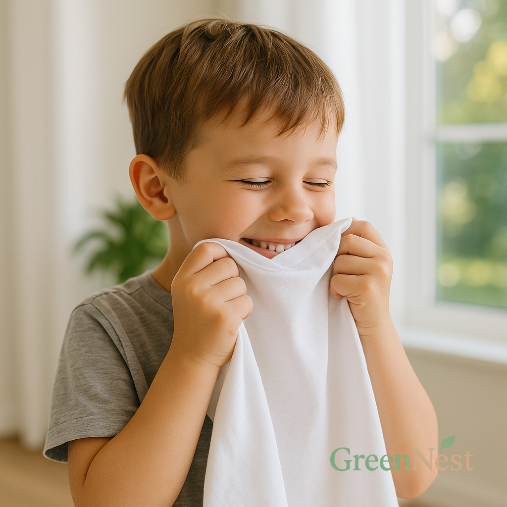 Smiling child holding and smelling a freshly washed white shirt, highlighting the gentle softness and safety of plant-based, fragrance-free fabric softeners for sensitive skin.
