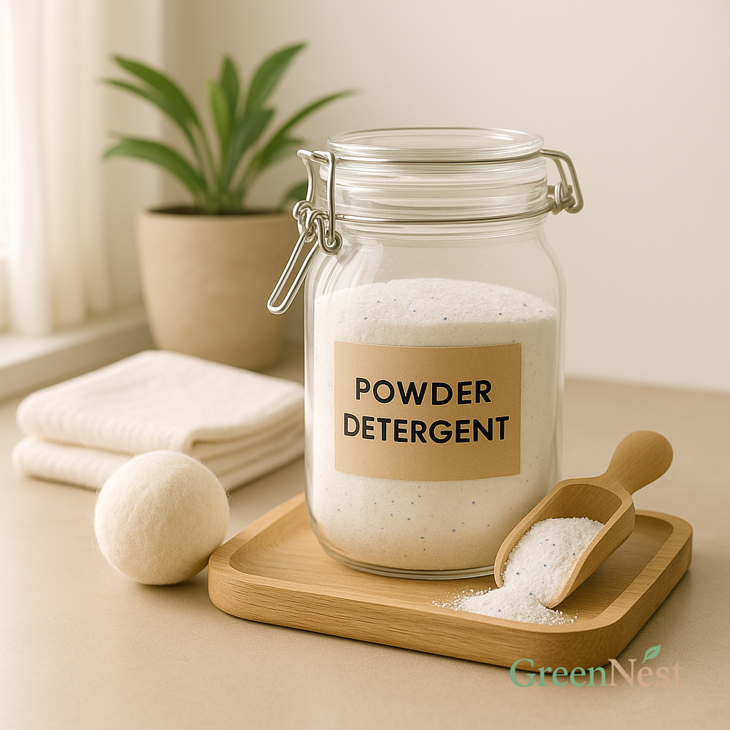 Glass jar of eco-friendly powder detergent with wooden scoop, wool dryer ball, and reusable cloths on a wooden tray in a sunlit laundry space, promoting zero-waste plant-based laundry care.