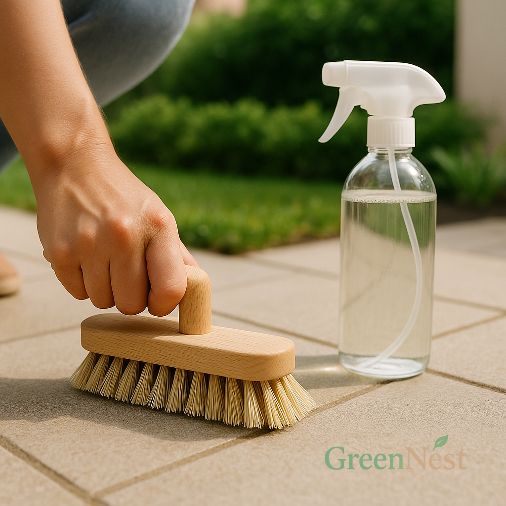 Hand scrubbing outdoor tile with a natural wood brush next to a clear reusable spray bottle, set in front of a small garden, highlighting eco-friendly specialty cleaning tools for patios and entryways.