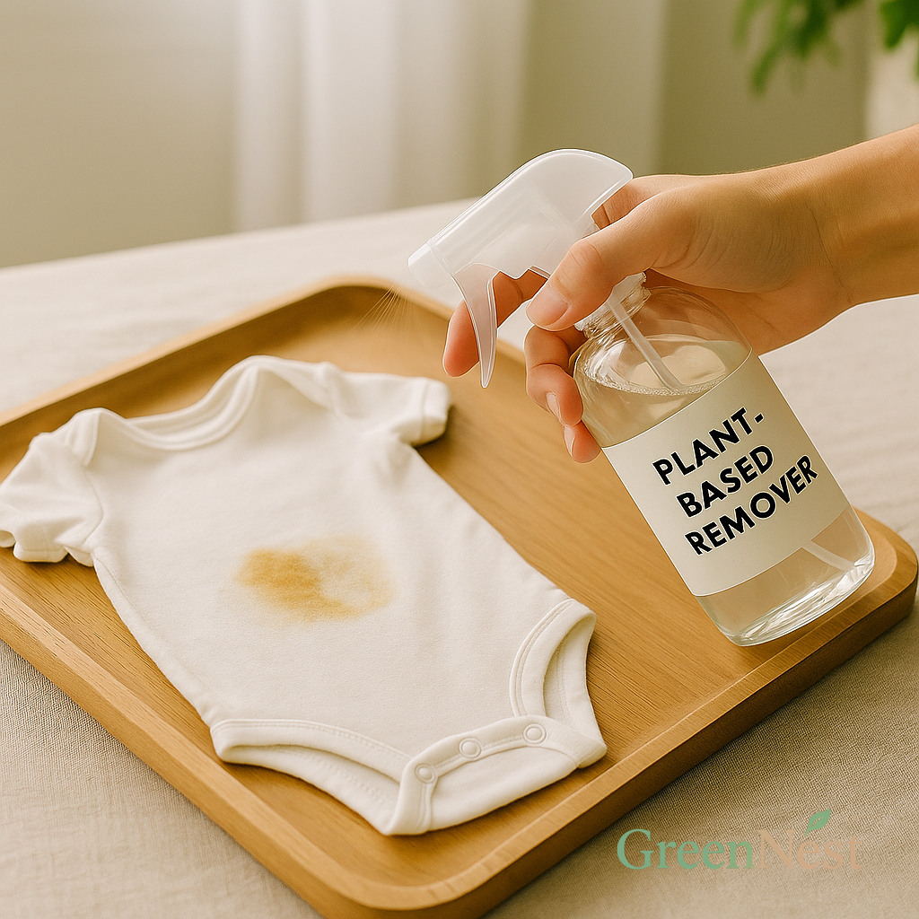 Hand spraying a plant-based stain remover onto a stained white baby onesie on a wooden tray, highlighting natural, non-toxic fabric care safe for babies and sensitive skin.