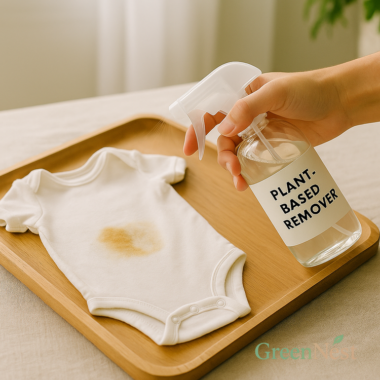 Hand spraying a plant-based stain remover onto a stained white baby onesie on a wooden tray, highlighting natural, non-toxic fabric care safe for babies and sensitive skin.