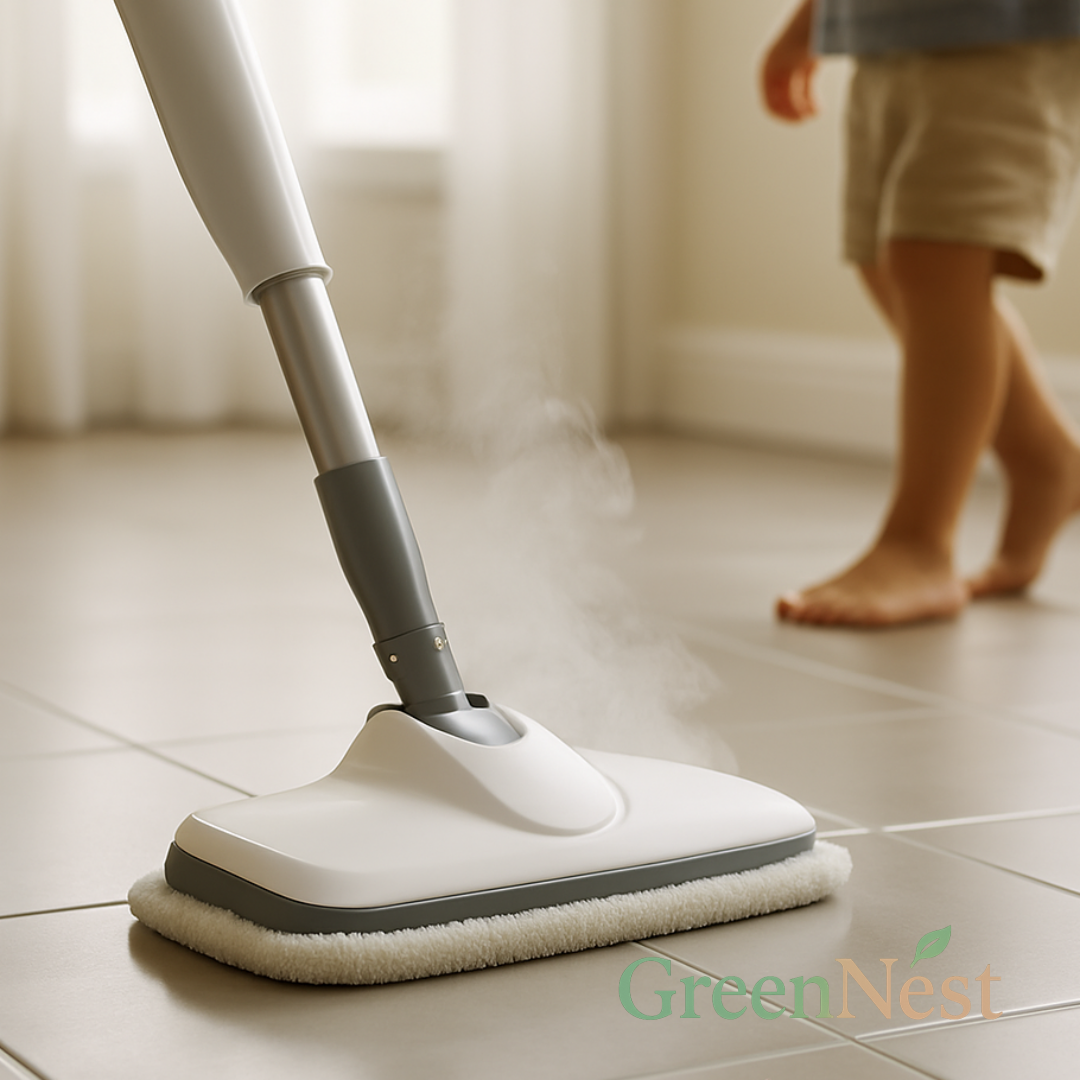 Steam mop releasing vapor while cleaning a tiled floor, with a child walking barefoot nearby, highlighting chemical-free deep cleaning and safe sanitizing with GreenNest eco-friendly steam mop.