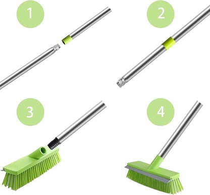 MEIBEI Floor Scrub Brush with Rubber Blade-54 Inches, Stiff Bristles Deck Brush with Adjustable Long Handle, Ideal for Cleaning Kitchen, Bathroom, Garage, Yard and Patio