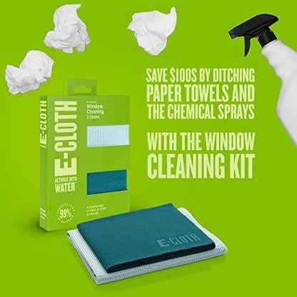 E-Cloth 2-Pack Window Cleaning Cloth - Streak-Free Glass & Mirror Cleaning Kit with Just Water, Glass Cleaning Cloth, Microfiber Towel Kit for Windows, Car Windshield, Mirrors - Winter Green