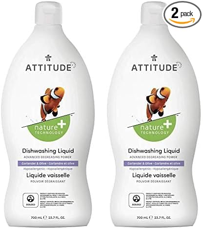 Attitude Dish Soap, Plant-based, Hypoallergenic, Eco-friendly, Coriander & Olive, 23.7 Fl Oz (Pack of 2)