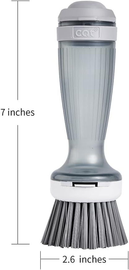 CQT Dish Brush with Soap Dispenser for Dishes, Kitchen Sink, Pot, Pan Scrubbing, 1 Brush 2 Refills