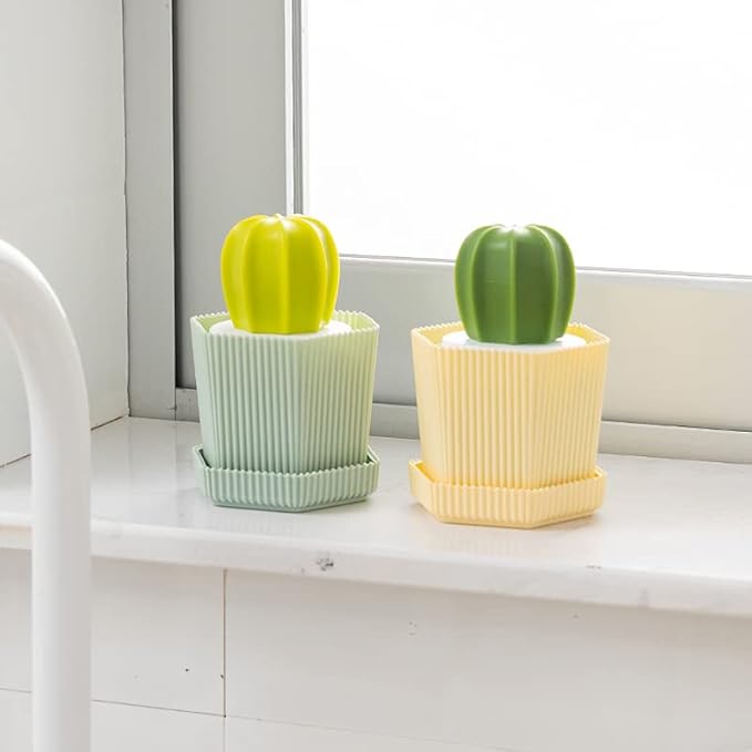 Cactus Dish Scrub Brushes Set of 6 Replacement Brushes, Green and Yellow, for Cleaning Dishes, Pans, Pots, Sink, Countertop, Bathtub