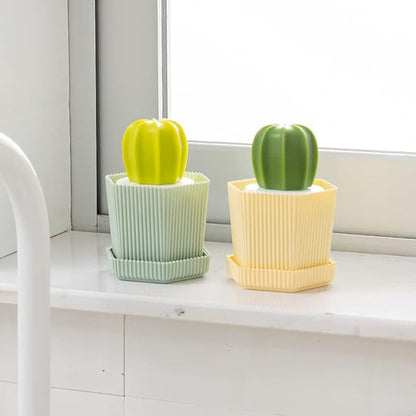 Cactus Dish Scrub Brushes Set of 6 Replacement Brushes, Green and Yellow, for Cleaning Dishes, Pans, Pots, Sink, Countertop, Bathtub