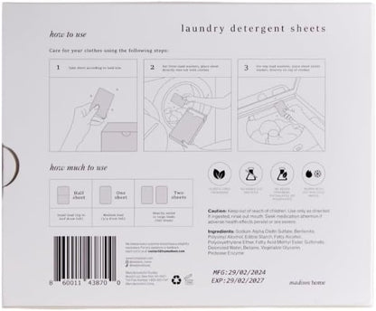 Madison Home Laundry Detergent Sheets, Hypoallergenic with Stain Fighting Special Bio-Enzymes, Home & Travel Laundry Detergent Sheets, Plastic Free Packaging, Fragrance Free, 60 sheets