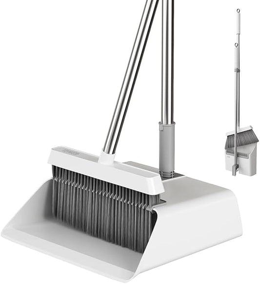 JOYMOOP Broom and Dustpan Set, Upright Standing Brooms for Sweeping Indoor, Light Weight Stainless Steel can be Hung on The Wall, Suitable for Pet Hair, Carpet, Floor