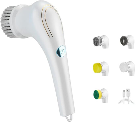 Cordless Electric Spin Cleaning Power Scrubber with 5 Replaceable Brush Heads，Handheld Shower Scrubber for Bathtub, Floor, Wall, Tile, Toilet, Window, Sink (White)
