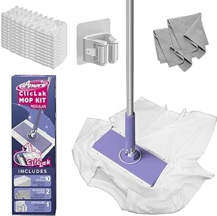 ClicLak Sweeper Mop, Instantly Attach & Remove Cloth Touch-Free, Compatible with Swiffer Pads, Clamp Clip Dust Mop with 10 Dry Cloth for Kitchen House Wood Hardwood Vinyl Tile Floor Wall Cleaning