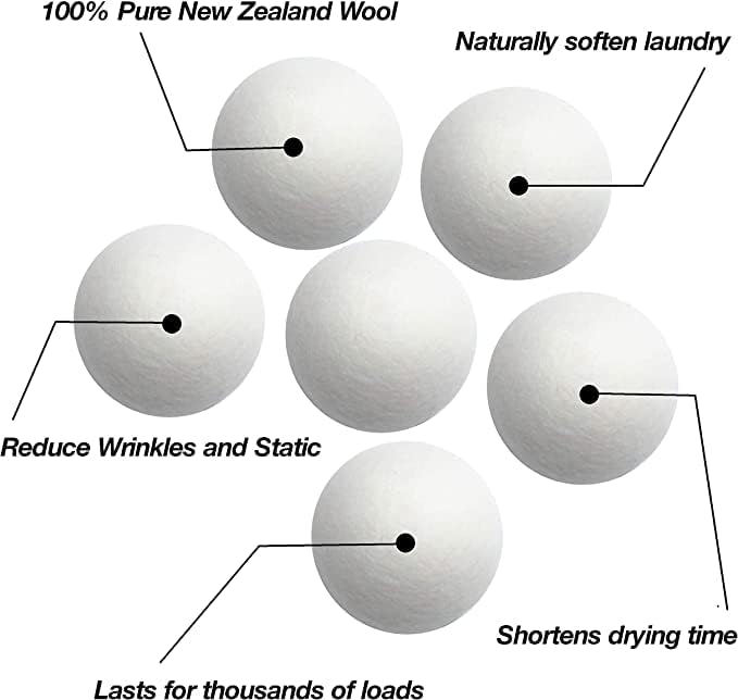100% Wool Dryer Balls 6-Pack, Reusable, Natural Fabric Softener, Reduces Clothing Wrinkles, Dries Clothes Faster, Eco-Friendly