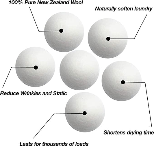 100% Wool Dryer Balls 6-Pack, Reusable, Natural Fabric Softener, Reduces Clothing Wrinkles, Dries Clothes Faster, Eco-Friendly
