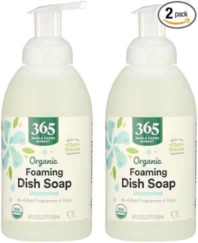 Whole Foods Market, Organic Foaming Dish Soap, Unscented, 18 Fl Oz (Pack of 2)