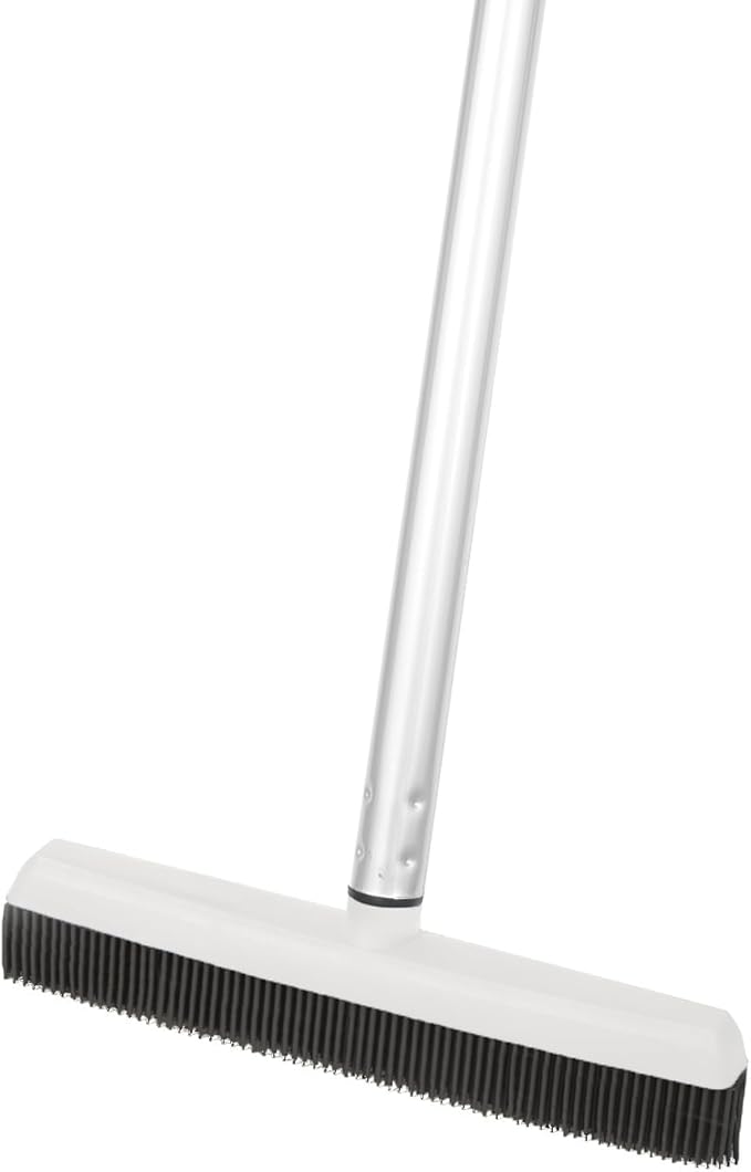 Rubber Bristle Broom for Floors Salon Broom, Rubber Squeegee Broom, Rug Broom, Rubber Rake for Human Hair, Pet Hair, Fur, Lint, Liquid, with 3-Part Handle, Grey