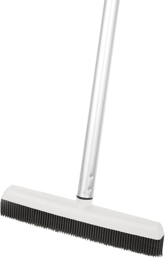 Rubber Bristle Broom for Floors Salon Broom, Rubber Squeegee Broom, Rug Broom, Rubber Rake for Human Hair, Pet Hair, Fur, Lint, Liquid, with 3-Part Handle, Grey