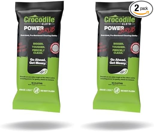 Crocodile Cloth PowerScrub - 10 Dual Surfaced Cloths, 10in X 15in. Large, Moist, Absorbent and Disposable Cleaning Cloths. Safe on Skin and Multiple Surfaces (Pack of 2)