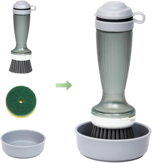 CQT Dish Brush with Soap Dispenser for Dishes, Kitchen Sink, Pot, Pan Scrubbing, 1 Brush 2 Refills