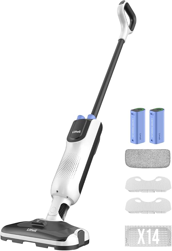 LiTHELi Cordless Vacuum Mop Cleaner, 2-in-1 Hard Floor Stick Vacuum, Wet Dry Mop, 2 Disposable Dust Boxes, 14 Disposable Pads & 1 Washable Pad, 2 Swappable 4000mAh Batteries