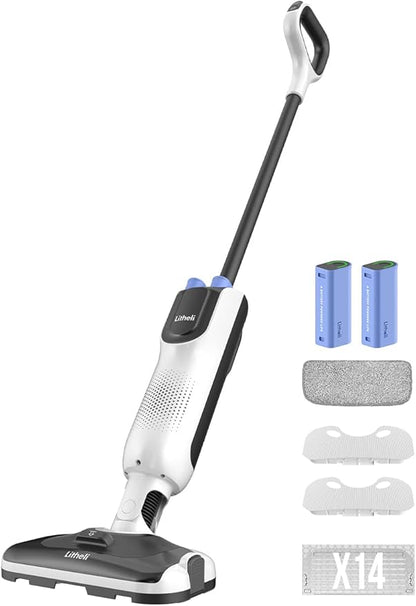 LiTHELi Cordless Vacuum Mop Cleaner, 2-in-1 Hard Floor Stick Vacuum, Wet Dry Mop, 2 Disposable Dust Boxes, 14 Disposable Pads & 1 Washable Pad, 2 Swappable 4000mAh Batteries