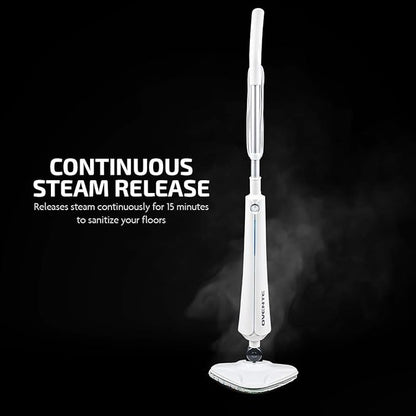 OVENTE Electric Steam Mop Cleaner, 1300W Floor Steamer with Swivel Head, Refillable Water Tank and Washable Microfiber Pad for Cleaning Carpet, Hardwood, Laminate Floor, Tiles and Grout, White ST405W