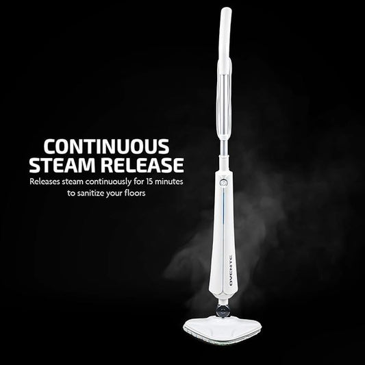 OVENTE Electric Steam Mop Cleaner, 1300W Floor Steamer with Swivel Head, Refillable Water Tank and Washable Microfiber Pad for Cleaning Carpet, Hardwood, Laminate Floor, Tiles and Grout, White ST405W