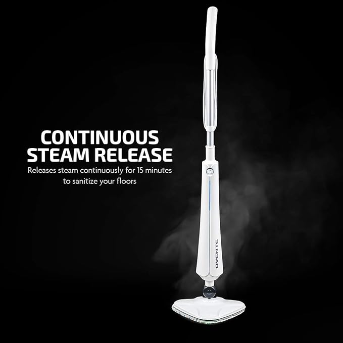 OVENTE Electric Steam Mop Cleaner, 1300W Floor Steamer with Swivel Head, Refillable Water Tank and Washable Microfiber Pad for Cleaning Carpet, Hardwood, Laminate Floor, Tiles and Grout, White ST405W