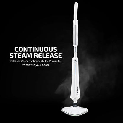 OVENTE Electric Steam Mop Cleaner, 1300W Floor Steamer with Swivel Head, Refillable Water Tank and Washable Microfiber Pad for Cleaning Carpet, Hardwood, Laminate Floor, Tiles and Grout, White ST405W