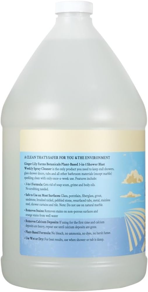Ginger Lily Farms Botanicals Plant-Based 3-in-1 Shower Blast Weekly Spray Cleaner, 100% Vegan & Cruelty-Free, Fragrance-Free, 1 Gallon (128 fl. oz.) Refill