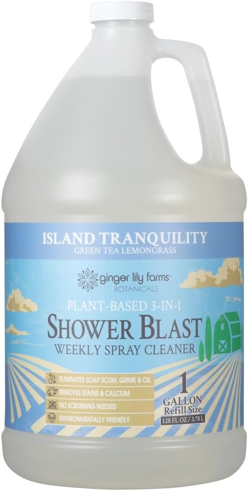 Ginger Lily Farms Botanicals Plant-Based 3-in-1 Shower Blast Weekly Spray Cleaner, 100% Vegan & Cruelty-Free, Island Tranquility, Green Tea Lemongrass, 1 Gallon (128 fl. oz.) Refill
