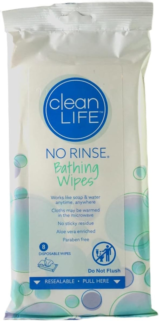 No-Rinse Bathing Wipes by Cleanlife Products, Premoistened and Aloe Vera Enriched for Maximum Cleansing and Deodorizing - Microwaveable, Hypoallergenic, Rinse-Free and Latex-Free (8 Wipes)