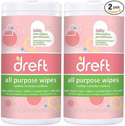 Dreft Multi-Surface All-Purpose Gentle Cleaning Wipes for Baby Toys, Car Seat, High Chair & More, 70 Count, Pack of 2
