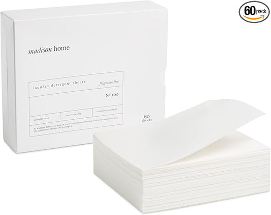 Madison Home Laundry Detergent Sheets, Hypoallergenic with Stain Fighting Special Bio-Enzymes, Home & Travel Laundry Detergent Sheets, Plastic Free Packaging, Fragrance Free, 60 sheets
