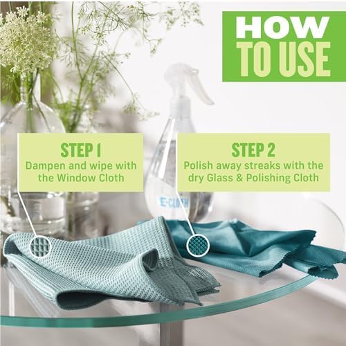 E-Cloth 2-Pack Window Cleaning Cloth - Streak-Free Glass & Mirror Cleaning Kit with Just Water, Glass Cleaning Cloth, Microfiber Towel Kit for Windows, Car Windshield, Mirrors - Winter Green