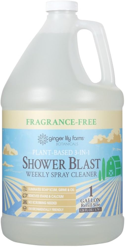 Ginger Lily Farms Botanicals Plant-Based 3-in-1 Shower Blast Weekly Spray Cleaner, 100% Vegan & Cruelty-Free, Fragrance-Free, 1 Gallon (128 fl. oz.) Refill