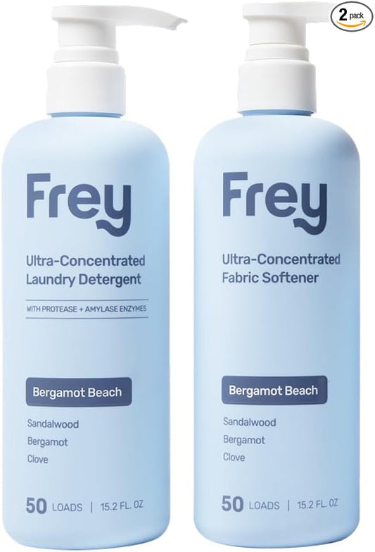 FREY Laundry Care Bundle: Concentrated Natural Laundry Detergent + Fabric Softener, Sandalwood, Bergamot, and Clove Scent, HE-Compatible