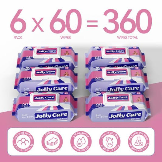 Sensitive Baby Wipes Unscented, 99% Water-based Wipes, Fragrance-free, Alcohol-free, Hypoallergenic, Soft, Large and Thick for Hands, Face, Toys, 6 Flip-Top Packs (360 Wipes Total)