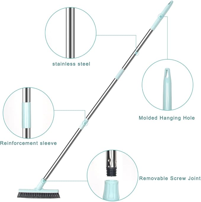 Affogato Floor Scrub Brush Bathroom Long Handle Bathtub Push Broom Shower Tile Grout Scrubber Rotatable Indoor Kitchen Crevice Cleaning Brush for Hard to Reach Areas - Light Blue 46.8inches Lengthen