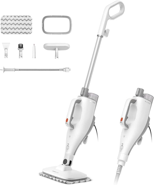 Eureka Multifunctional Steam Mop for Hard Floors and Rugs, Lightweight, Convenient Detachable Handheld Unit, Laminate/Hardwood/Tiles/Carpet/Kitchen, NEM100, White