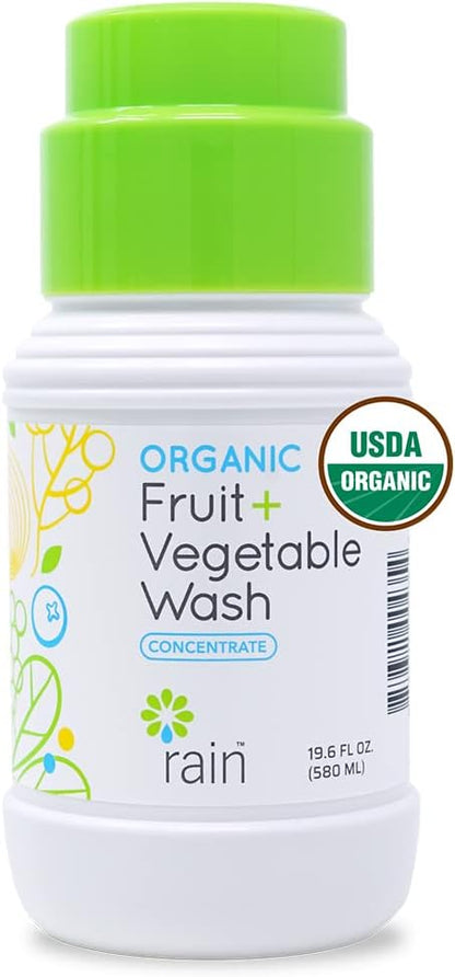 Rain Organic Fruit and Vegetable Wash All Natural Veggie Produce Cleaner for Safe Clean Eating, Baby Essential Eco Friendly Concentrated Strength for Gallons of Soak or Spray