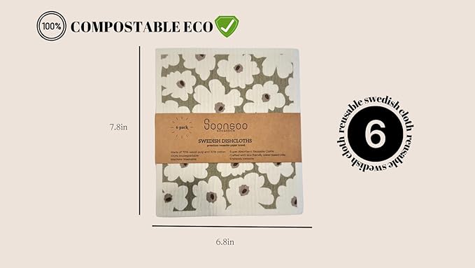 SOONSOO Swedish Dishcloths 6Pack Absorbent Eco-Friendly Reusable Cleaning Cloths for Kitchen - Multi-Purpose Machine Washable, Compostable, Quick Drying Zero Waste Cellulose Kitchen Cloths (Green)