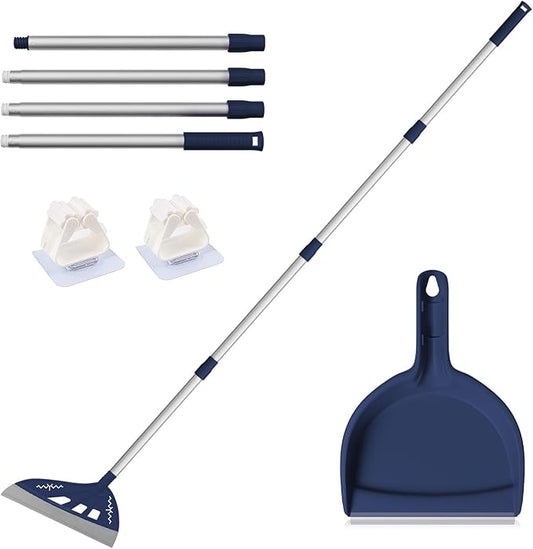 Magic Air Broom with Dustpan, Multifunction Magic Broom and Fixed Scraper, Household Floor Squeegee with Extra-Long Adjustable Aluminum Handle for Floor, Glass, and Tile (Blue)