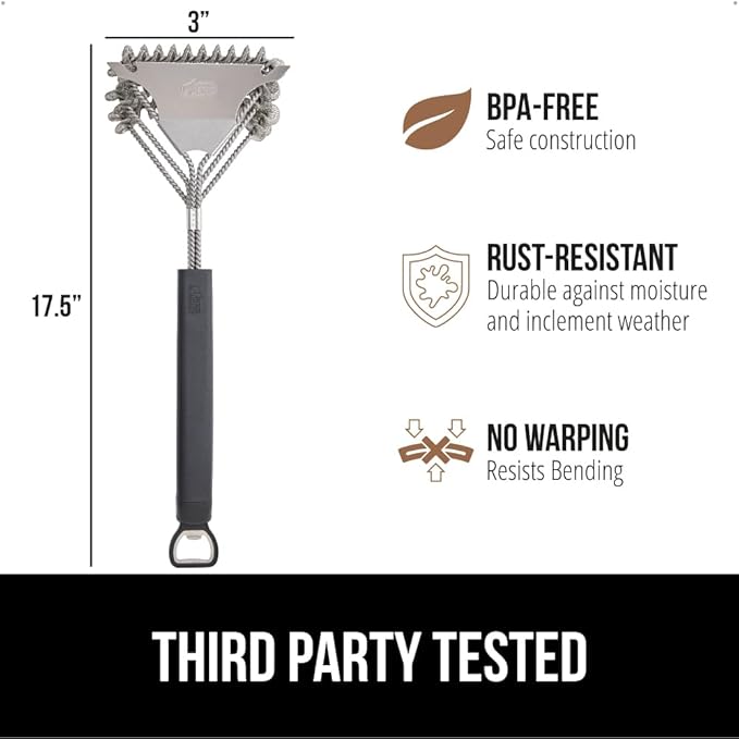 GORILLA GRIP Heavy Duty No Bristle Triple Helix Grill Brush with Scraper for Outdoor Grills, Safe Steam Cleaning, Oversized Comfortable Handle Grip with Bottle Opener, BBQ Tools, 17.5 Inch, Black
